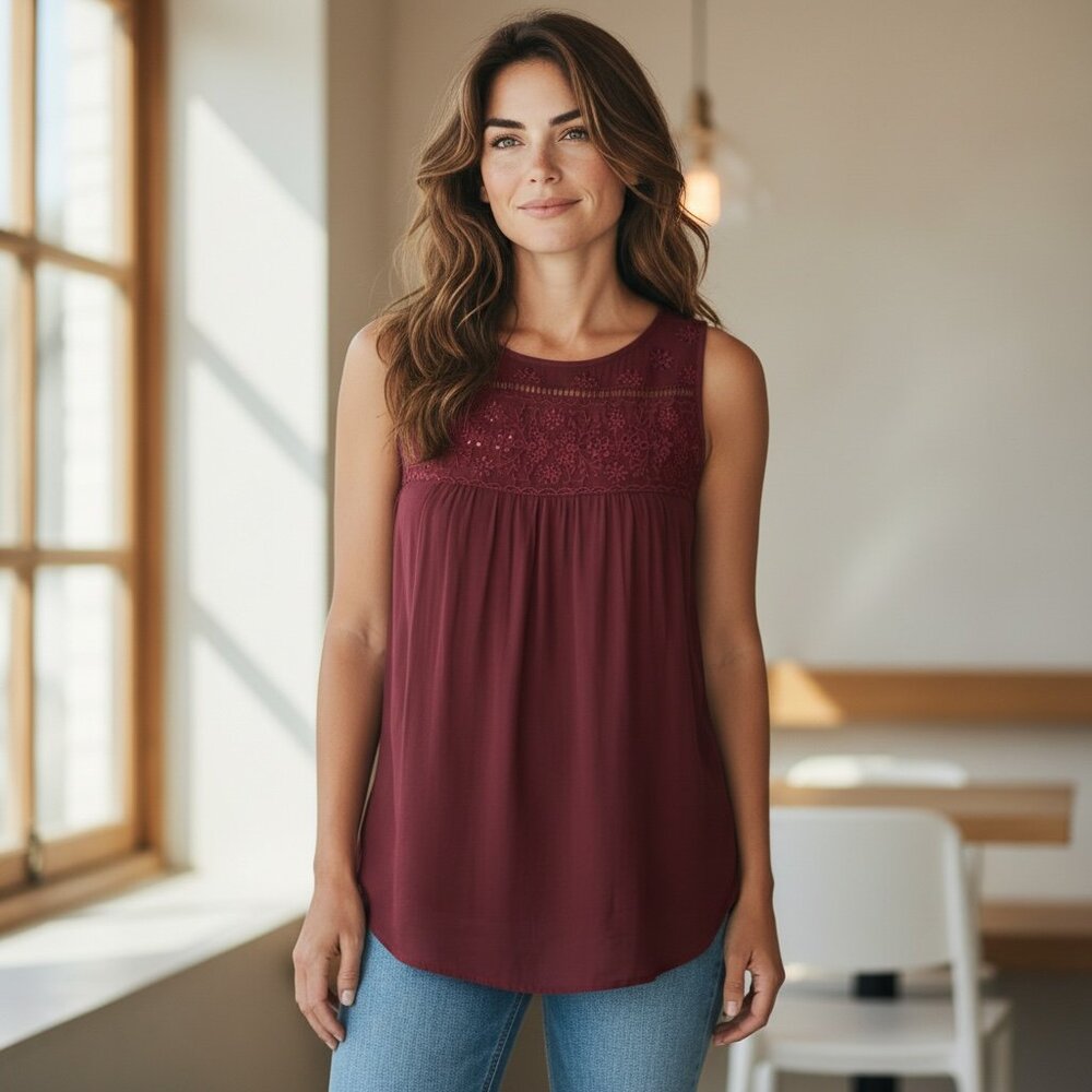 Forbidden LA Embellished‎ Crochet-Eyelet Tank Top S Red 150D
